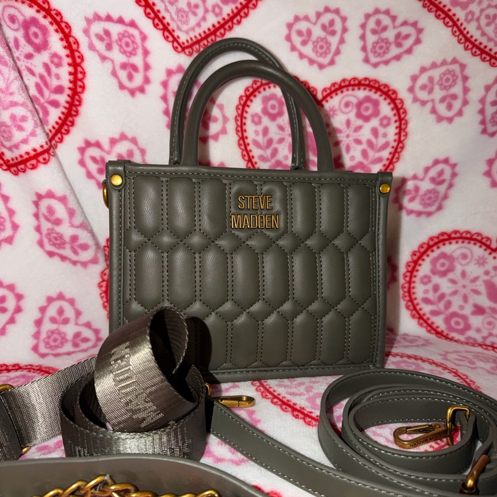 Steve Madden Bniko Olive Quilted Mini Satchel with Gold Hardware